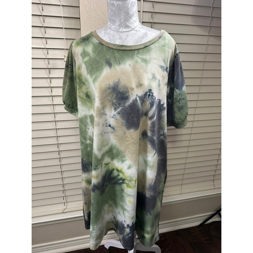 Chic Soul Tie Dye Mini Dress Womens 1XL Green Black Puff Sleeve Pocket D60000PL